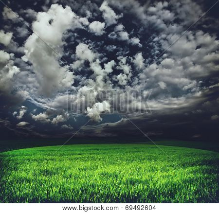 Storm clouds over green meadow with grass