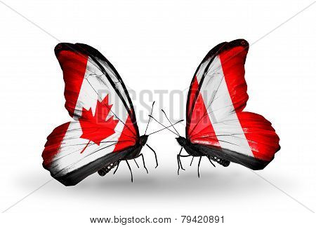 Two Butterflies With Flags On Wings As Symbol Of Relations Canada And Peru