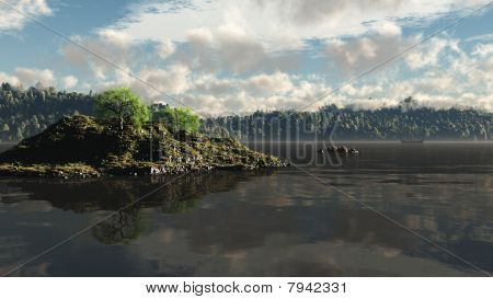 Distante Viking Longship nella nebbia