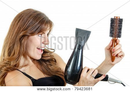 Caucasian Brunette Female Hairdresser Holding Hairdryer And Bruch