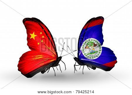 Two Butterflies With Flags On Wings As Symbol Of Relations China And  Belize