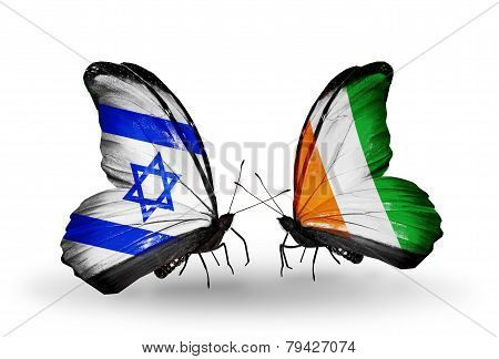 Two Butterflies With Flags On Wings As Symbol Of Relations Israel And Cote Divoire