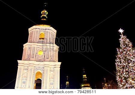St. Sophia Cathedral And Main Kyiv's New Year Tree On Sophia Square In Kyiv, Ukraine
