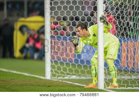 KLAGENFURT, AUSTRIA - MARCH 05, 2014: Heinz Lindner (#12 Austria) directs his defense in a friendly soccer game between Austria and Uruguay.