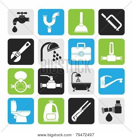 Silhouette plumbing objects and tools icons
