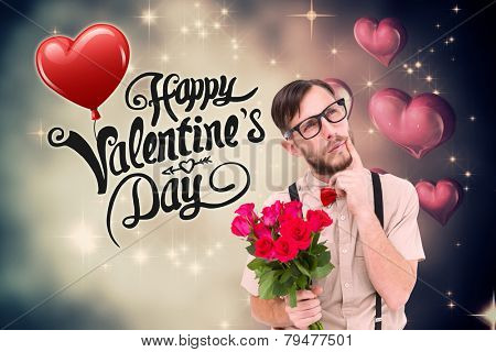 Geeky hipster offering bunch of roses against valentines heart design