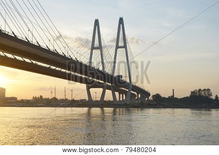Cable-braced Bridge Across The River Neva