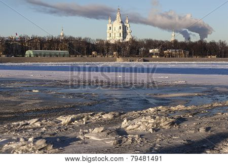 Neva ice and Smolny Cathedral. Saint Petersburg