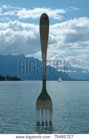 Fork In Water In Vevey At Geneve Lake In Switzerland
