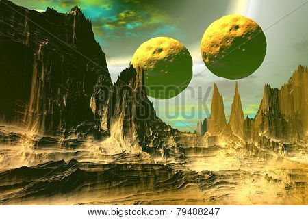 3D Rendered Fantasy Alien Planet. Rocks And  Moon