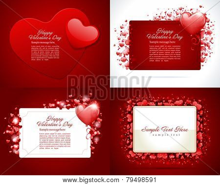 Set Happy Valentine's Day greetings cards vector background design. Valentine's day wishes, hearts, love symbols, bokeh light and gifts.