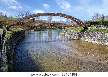 Wooden Bridge In Cangas De Onis, On River Guena. Asturias