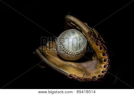Softball And Glove In Sepia