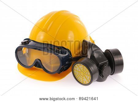 Collection Of Helmet, Chemical Protective Mask And Eye Protection Or Goggles On White Background
