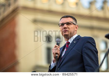 KRAKOW, POLAND - APR 29, 2015: Przemyslaw Wipler - Polish politician, member of Parliament of the VII convocation, during pre-election rally of Janusz Korwin - of presidential candidate of Poland.