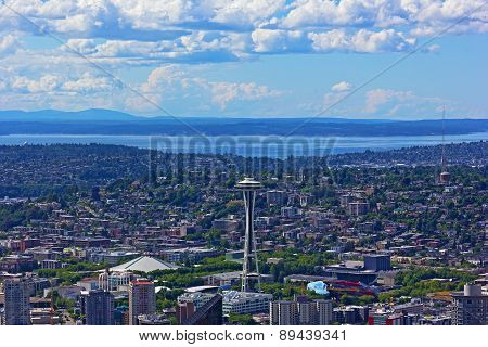A view on Seattle city from a skyscraper height.