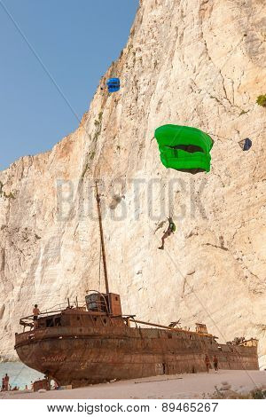 Base Jump In Shipwreck Beach Of Zakynthos Island