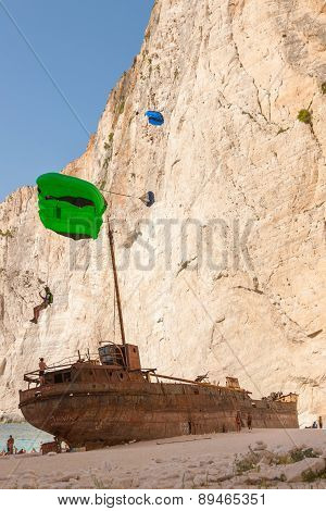 Base Jump In Shipwreck Beach Of Zakynthos Island