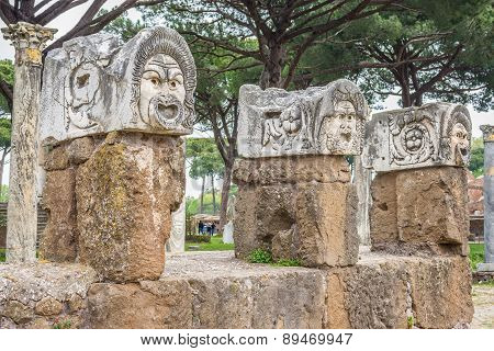 Roman Masks In The Old Town Of Ostia, Rome, Italy