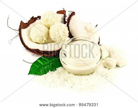 Coconut Cocos With Cream And Green Leaf