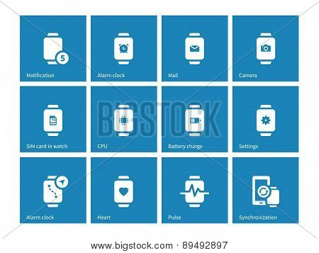Alarm clock, mail in smart watch icons on blue background.