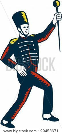 Drum Major Marching Band Leader Woodcut