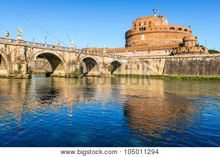 Rome Italy. Bridge and Castle Sant Angelo and Tiber River. Built by Hadrian emperor as mausoleum in 123AD ancient Roman Empire landmark.