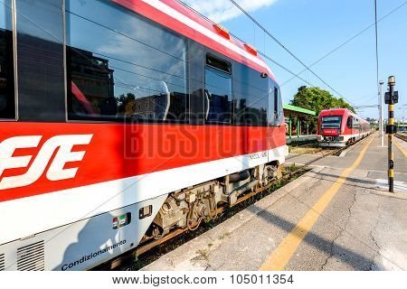 MARTINA FRANCA PUGLIA ITALY - 10 JULY 2015: Martina Franca rail station with modern train details and wheel axle from the wagon.