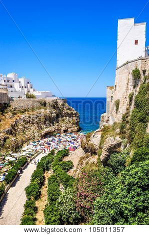 Polignano a Mare Italy. Summer beach of Cala Paura in Puglia region (Bari) one of most beautiful at Adriatic Sea