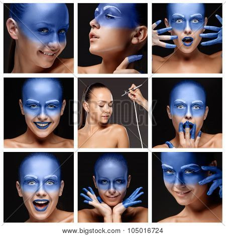 visagist making makeup l with aerograph or airbrush.  collage