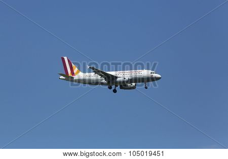 ZAGREB, CROATIA - JUNE 10: Airbus A319, registration D-AGWF of Germanwings landing on Zagreb Airport Pleso on June 10, 2015.
