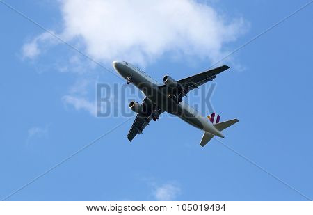 ZAGREB, CROATIA - JUNE 10: Airbus A320, registration D-AIPW of Germanwings landing on Zagreb Airport Pleso on June 10, 2015.