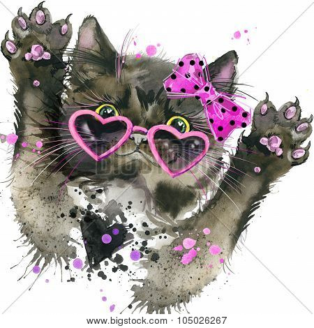 Funny Cat  T-shirt graphics,  cat illustration with splash watercolor textured background
