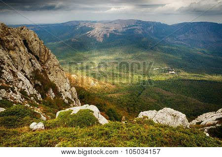 View From The Mountain Forest In A Cloudy Day