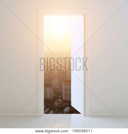 Door Open To City At Sunset Background