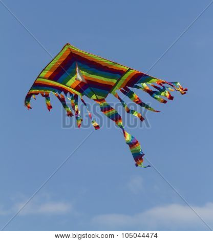 Colorful Kites Flying  In Single File In The Sky