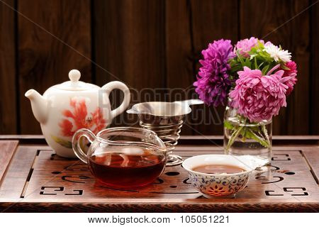 Bouquet Of Purple And Pink Asters And Teaware For Chinese Tea Ceremony