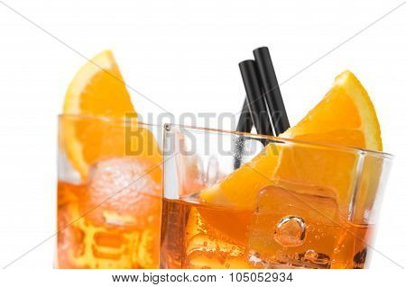 Detail Of Two Glasses Of Spritz Aperitif Aperol Cocktail With Orange Slices And Ice Cubes