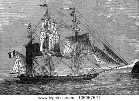 Barque down, vintage engraved illustration. Industrial encyclopedia E.-O. Lami - 1875.
