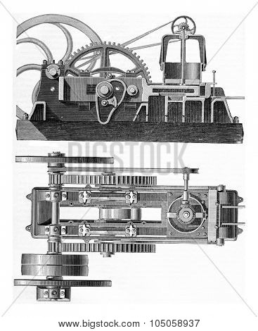 Machine Durand and Marais. Elevation and Plan, vintage engraved illustration. Industrial encyclopedia E.-O. Lami - 1875.