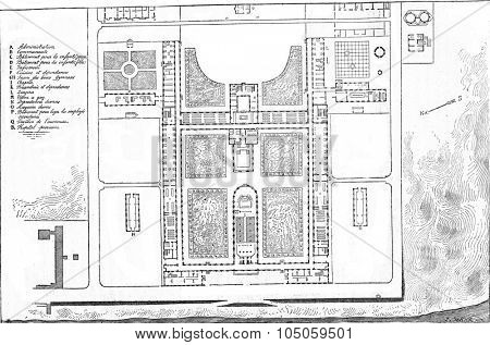 Plan of the Hospital of Berck-sur-Mer, vintage engraved illustration. Magasin Pittoresque 1882.