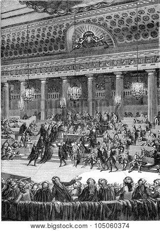 Night of August 4, 1789, Abandonment of privileges, vintage engraved illustration. Magasin Pittoresque (1882).