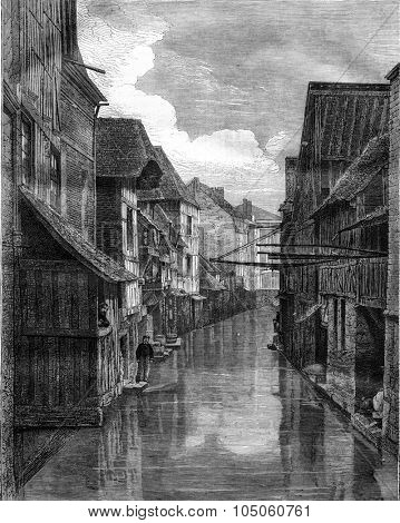 Pont-Audemer, View from the Commerce Street bridge in Grand Moulin, vintage engraved illustration. Magasin Pittoresque 1878.