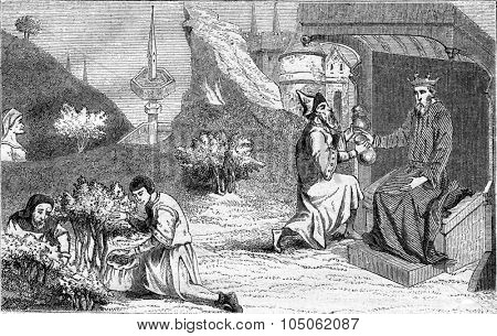 Polybius and the city of the fountain in Jouvenee in the prelude, Travel Mandeville, vintage engraved illustration. Magasin Pittoresque 1867.