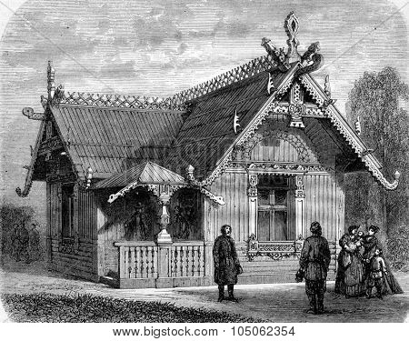 Universal Exhibition of 1867, Isba, Russian cottage, vintage engraved illustration. Magasin Pittoresque 1867.