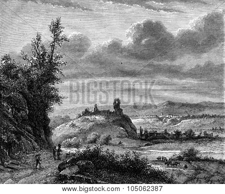 View of Borghetto, Romans States, vintage engraved illustration. Magasin Pittoresque 1867.