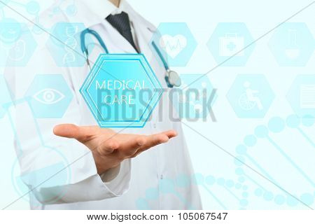 Medical doctor working with healthcare icons. Modern medical technologies concept