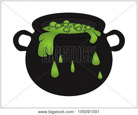 Witch Cauldron With Green Potion, Bubbling Witches Brew. Cartoon Vector Illustration Isolated On Whi