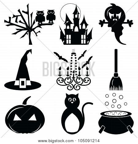 Halloween icons set 2 in black & white including owl,spooky tree, pumpkin, hunted castle ruins
