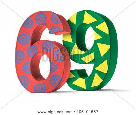 Colorful Paper Mache Number On A White Background  - Number 69